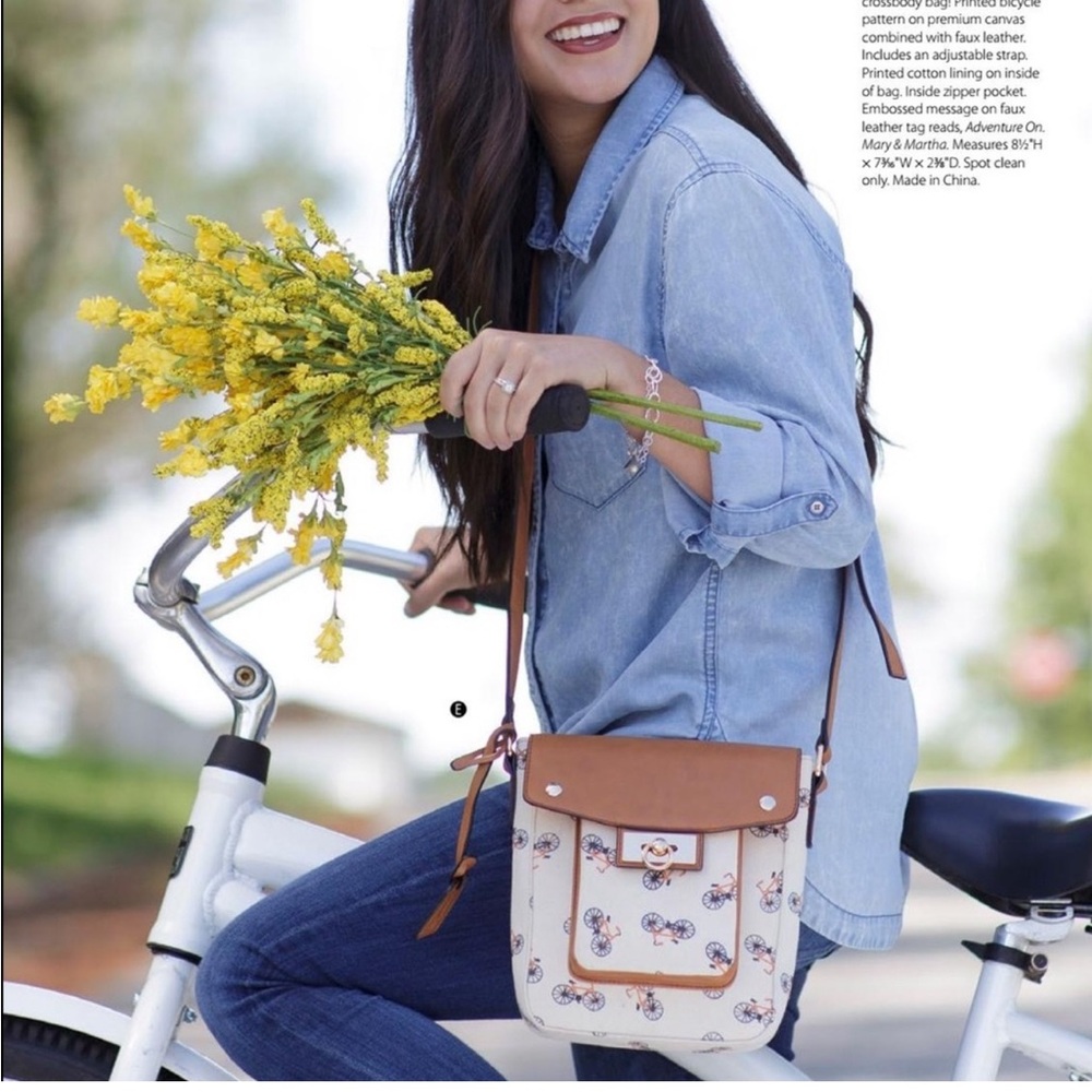 Mary & Martha Chic Tan and Cream Crossbody Bag with Bicycle Print